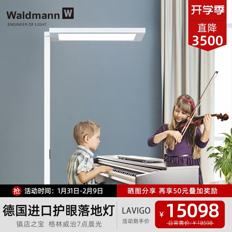 Waldmann 德国进口儿童护眼落地灯 沃达迈钢琴阅读学习书桌LED台灯 LAVIGO灰面罩4000K暖白光 现货