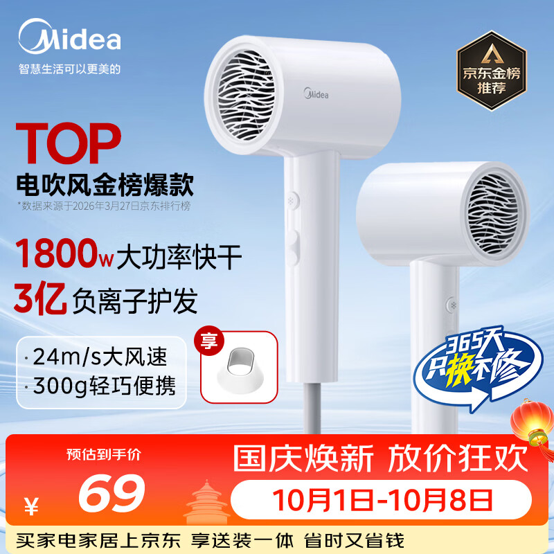 美的（Midea）3亿负离子电吹风 大功率快干不伤发吹风机 家用负离子护发吹风筒 FJ208白1800W 节日礼物