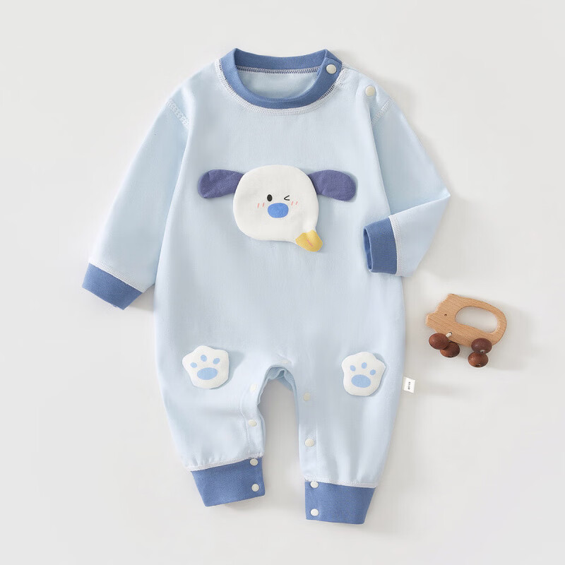 婧麒（JOYNCLEON）婴儿连体衣春秋季新生睡衣纯棉衣服小月龄早秋外出服宝宝哈衣 长耳朵狗蓝 80cm