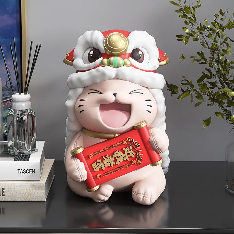 丘溯新中式招财猫醒狮装饰摆件客厅玄关酒柜家居饰品开业礼物乔迁 招财醒狮桌面摆件-蓝色【高25cm】