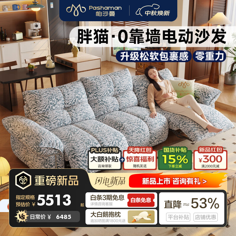 帕沙曼胖猫电动沙发可坐可躺客厅现代简约零重力多功能布艺沙发GF590 【双功能】2.97米三人位【零重力/零靠墙】 【臻选版】双色软糯肌理花布MATIS