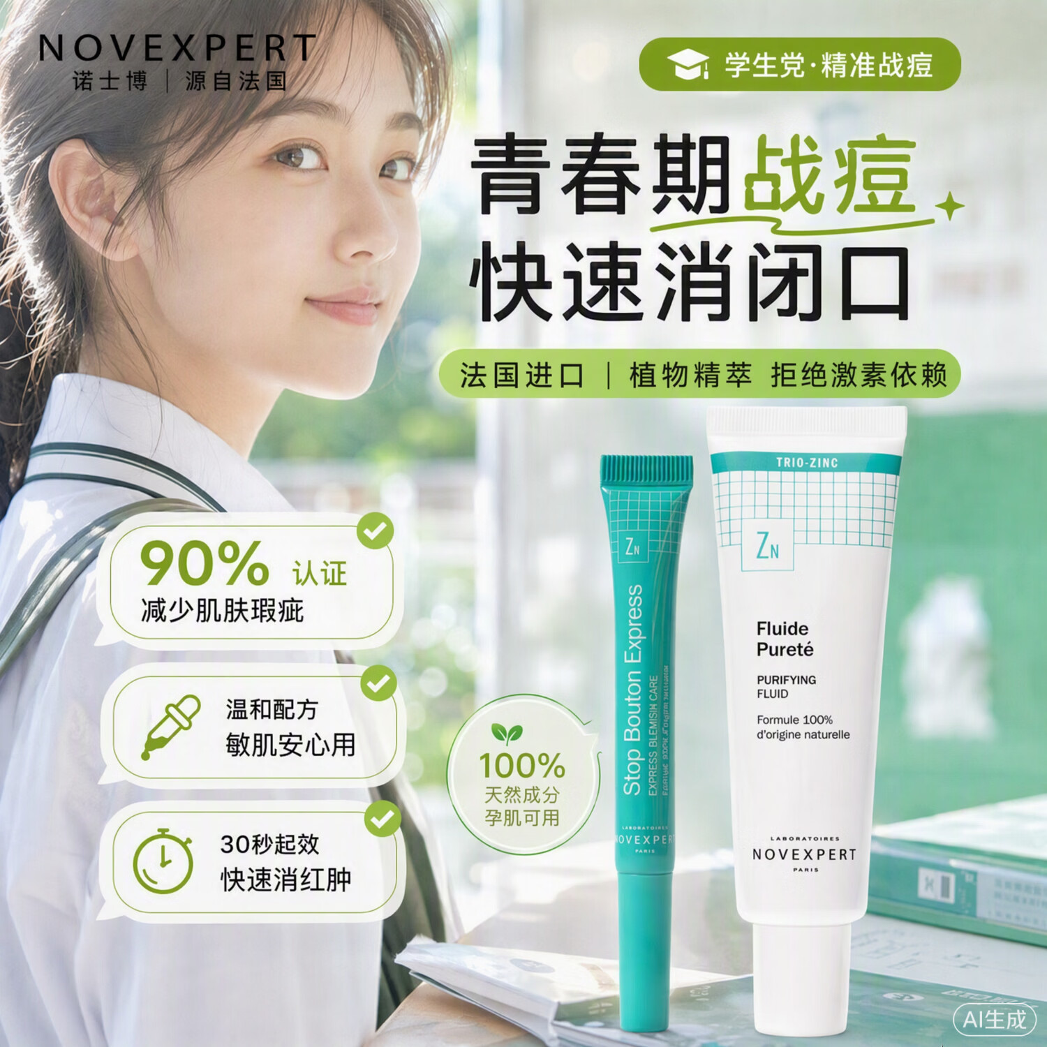 诺士博（NOVEXPERT）法国进口青少年祛痘笔精华液舒缓保湿去闭口痘印减红印瘪痘学生 [祛痘cp]祛痘笔+祛痘面霜