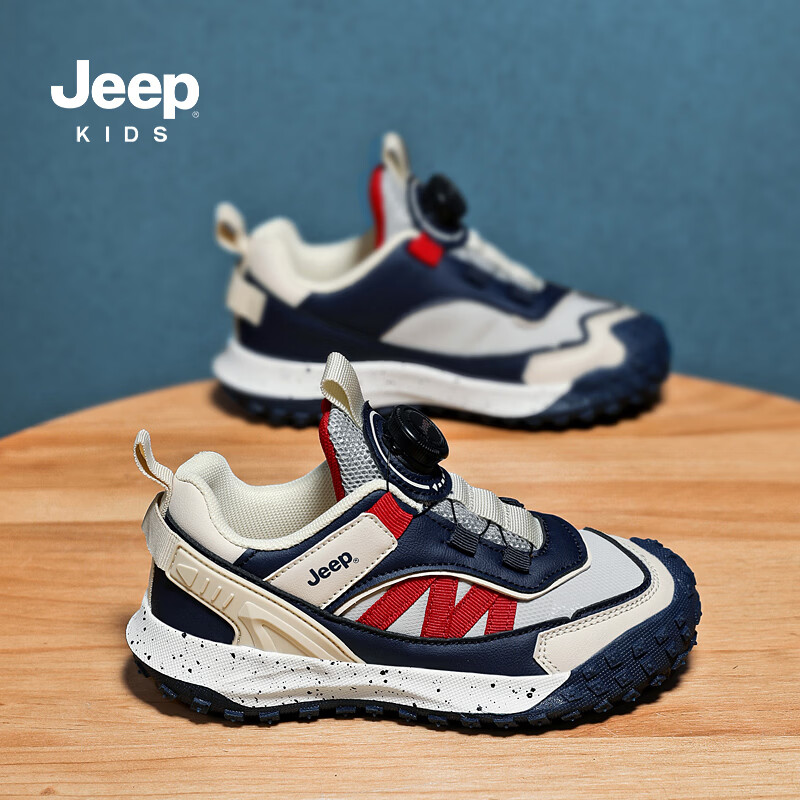 JEEP2025秋季革面运动鞋男女童耐磨板鞋学生皮面休闲鞋童鞋 米/卡其 35