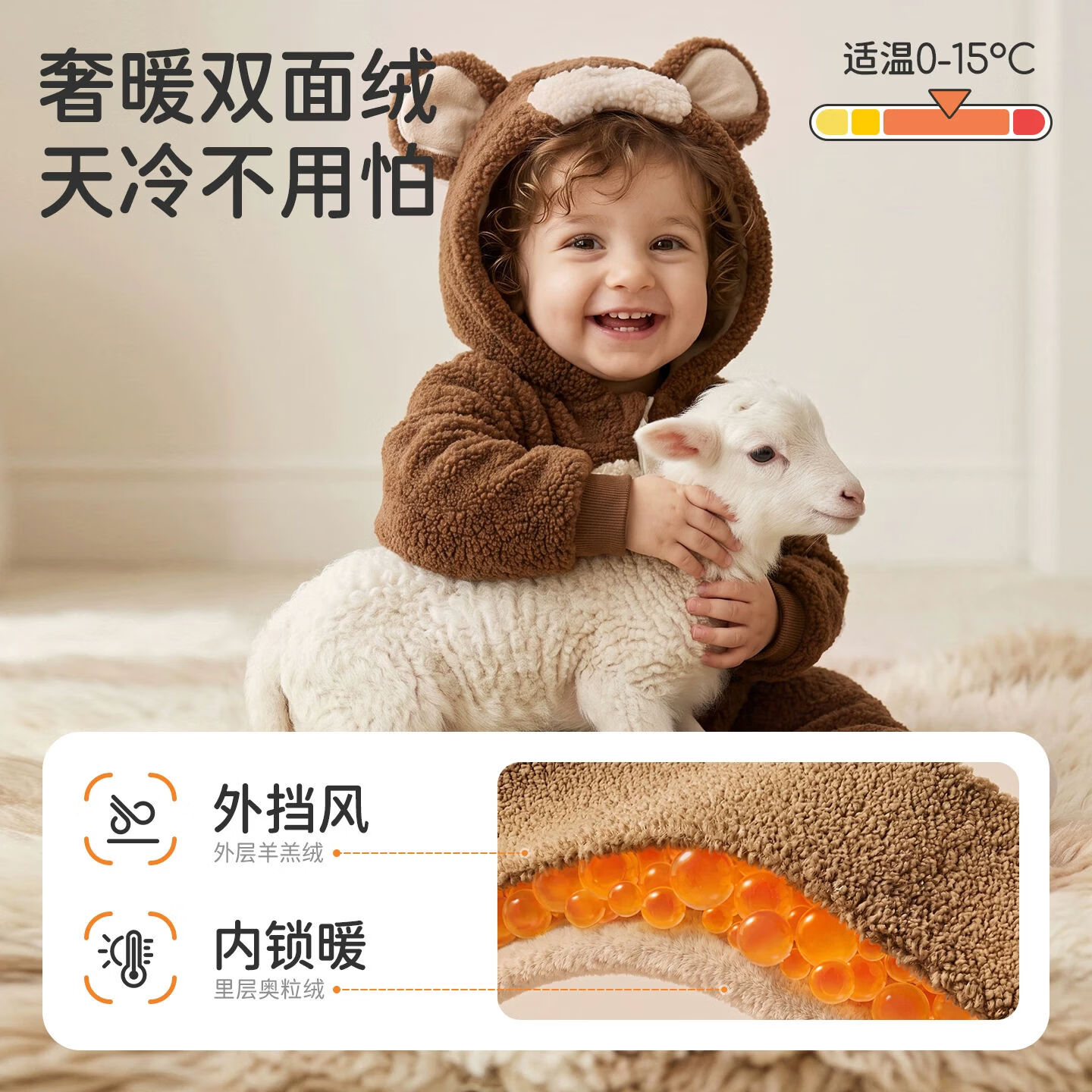 婧麒(JOYNCLEON)婴儿衣服秋冬季保暖加厚羊羔绒连体衣男女宝宝可爱连帽爬服-FX 粉糯小兔 80cm