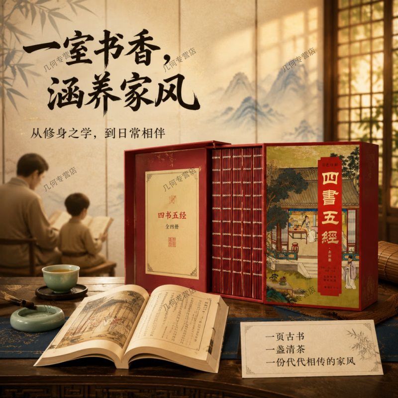 【全四册仿古线装】四书五经刷边版 国风典藏礼盒带原文注音白话译文搭配古风彩图装帧适合居家研读商务赠礼收藏国学典籍 刷边版:彩色详解四书五经(全四册)
