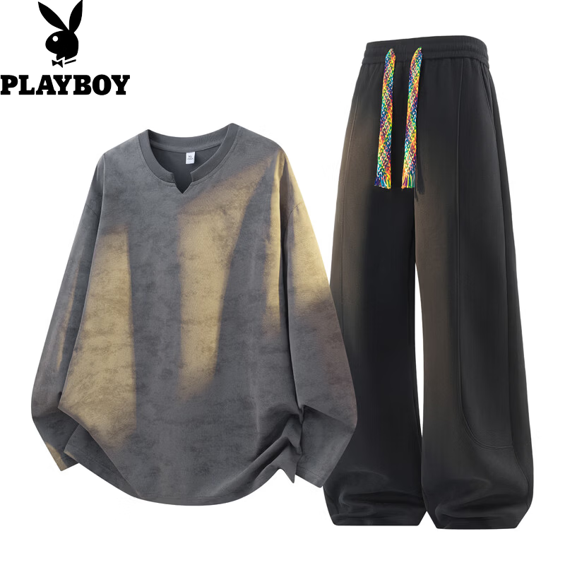 花花公子(PLAYBOY)运动休闲套装美式扎染长袖T恤男秋冬季宽松休闲卫衣打底衫两件套 深灰上衣+黑色裤子 XL