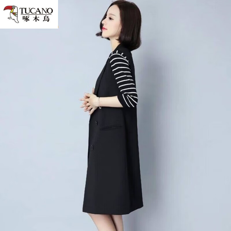啄木鸟(TUCANO)简约通勤马夹女中长款修身无袖显瘦时尚坎肩百搭时髦马甲 黑色 单排扣 3XL 130-145