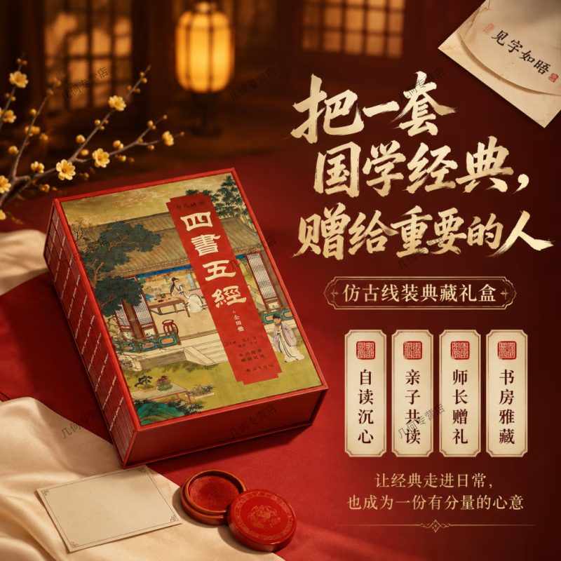 【全四册仿古线装】四书五经刷边版 国风典藏礼盒带原文注音白话译文搭配古风彩图装帧适合居家研读商务赠礼收藏国学典籍 刷边版:彩色详解四书五经(全四册)