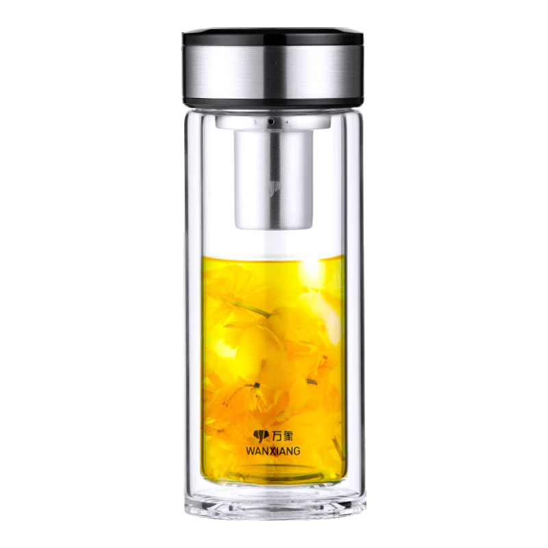 萬象（WANXIANG）雙層玻璃杯大容量高顏值簡約商務(wù)泡茶杯帶蓋高硼硅玻璃杯車載便攜 V48RL-鈦黑亮370ml
