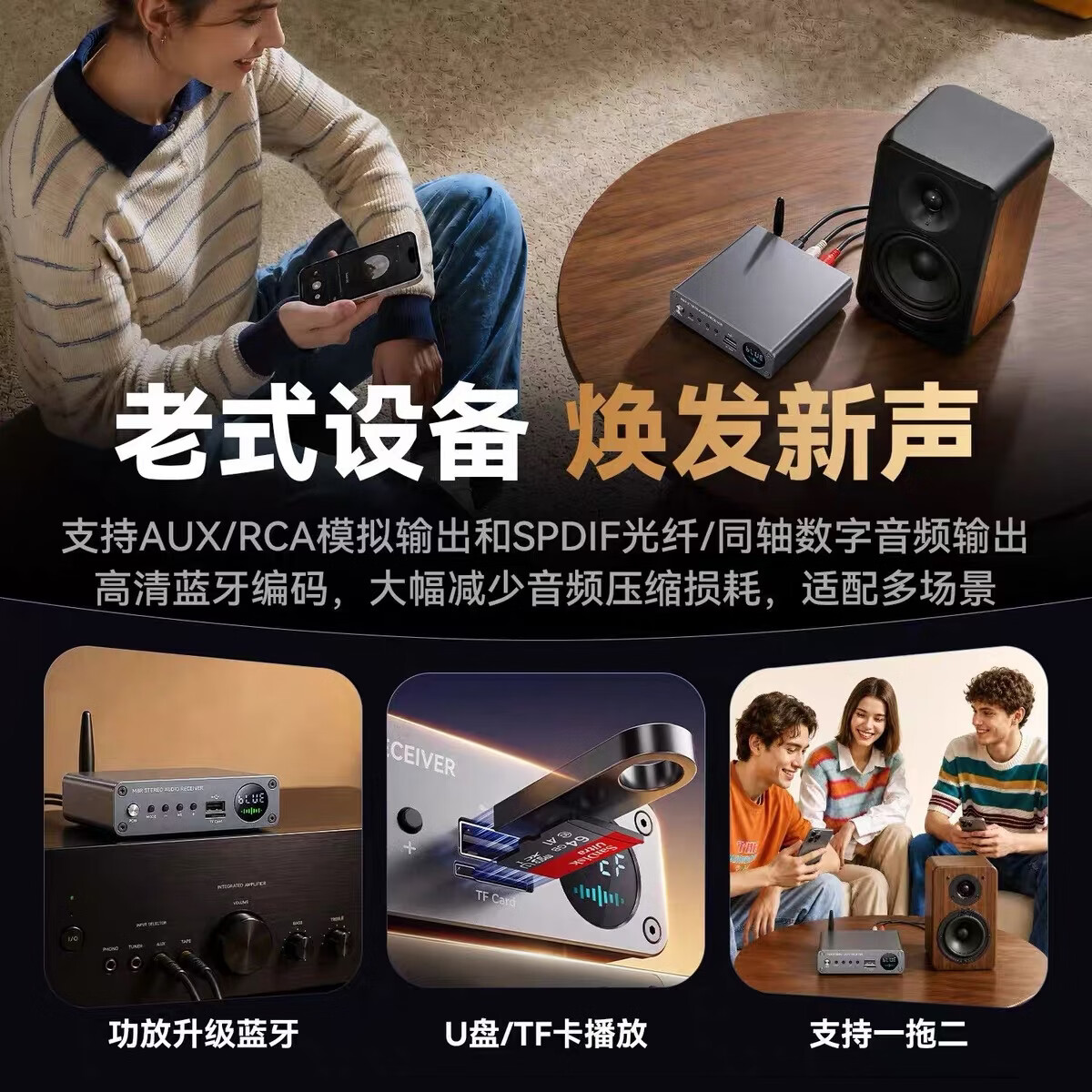 迅音蓝音响改装蓝牙接收器6.0转功放通用光纤同轴输出解码器U盘TF卡播放 蓝牙接收器+遥控器+音频线套装+光纤线