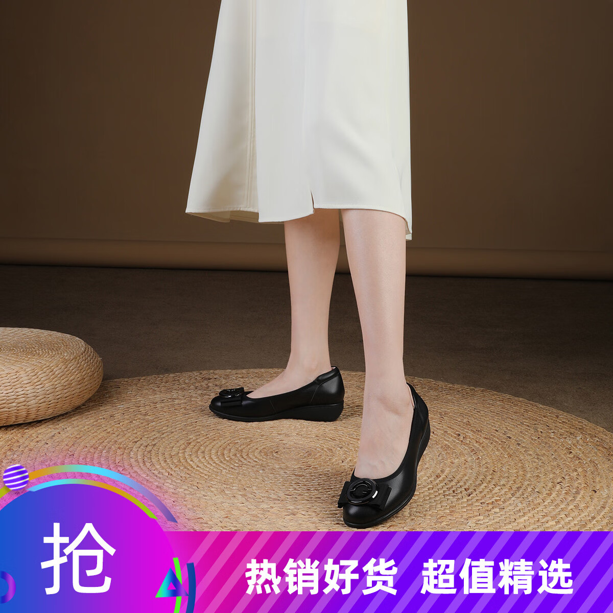 舒软牛皮女单鞋浅口圆头简约一脚蹬坡跟通勤女鞋小皮鞋