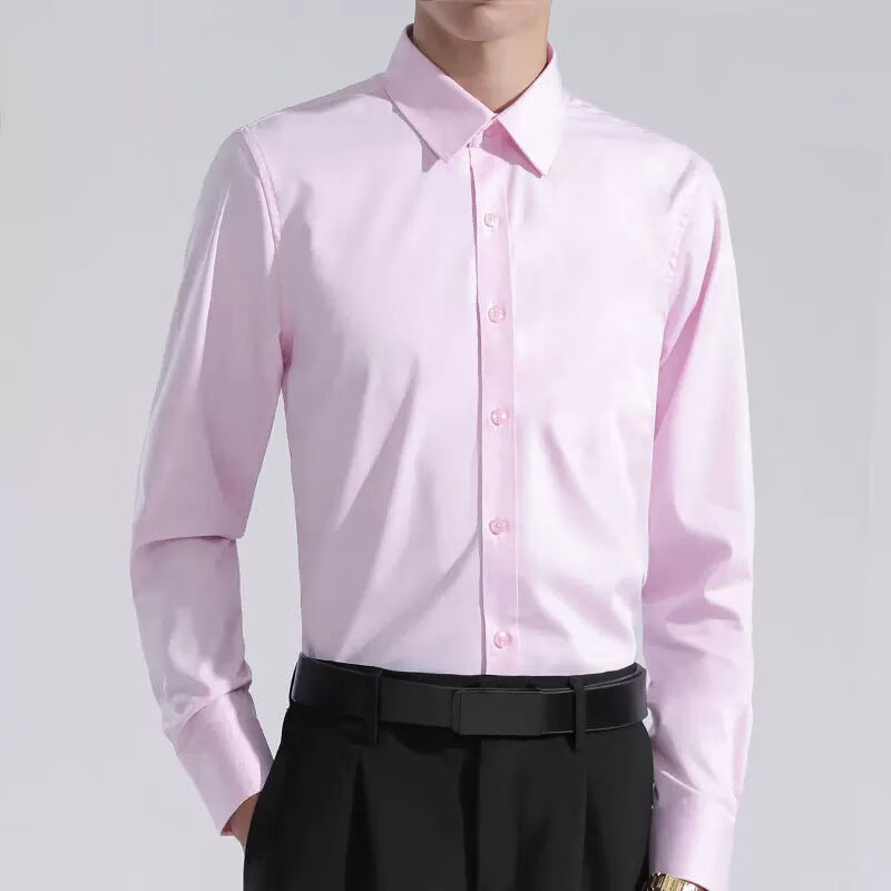 新款时尚感男士白色长袖衬衫商务正装蓝色衬衣舒适上衣服男装 (五嘉)普通长袖衬衫粉色 常规 5XL 【建议180-200斤】