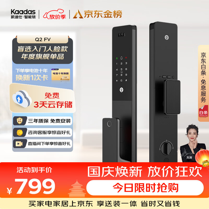 凯迪仕（KAADAS）智能门锁 人脸识别猫眼监控摄像指纹锁密码智能锁 Q2 FV