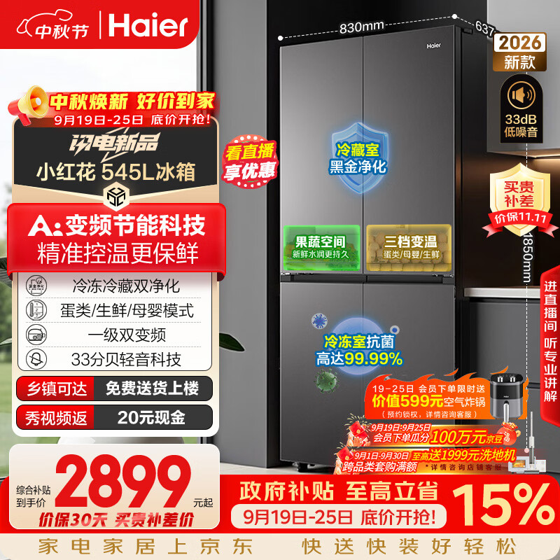 海尔小红花「539双净化升级款」545升十字门新款家用电冰箱一级能效风冷BCD-545WGHTDEDB7U1国家补贴