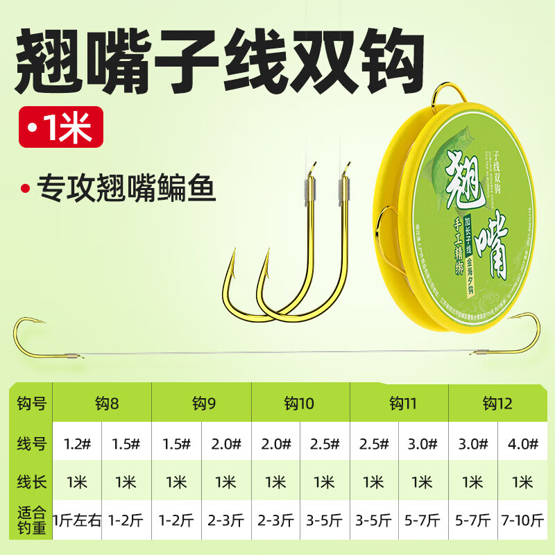 周小二【厂家直发】翘嘴鱼钩绑好无结加长子线双钩成品金海夕草鱼鳊鱼钓 1米金海夕有刺12(子线3.0)