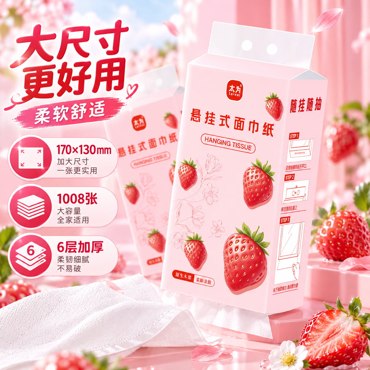 整箱12大提悬挂式抽纸6层加厚大包家用卫生纸擦手纸面巾纸抽纸巾 【可爱系列/粉色草莓】12提