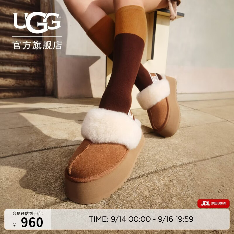 UGG秋季女士厚底LOGO松紧带懒人毛毛鞋1113474CHE|栗色39