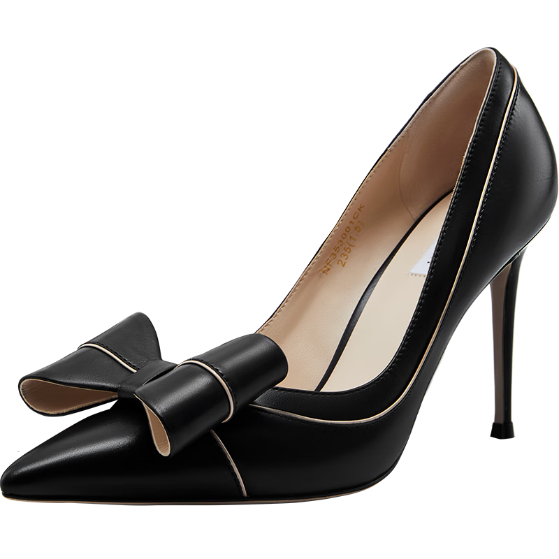 NINE WEST/玖熙高跟鞋女甜美蝴蝶結(jié)優(yōu)雅細(xì)跟牛皮單鞋NF353001CK 黑色 38 