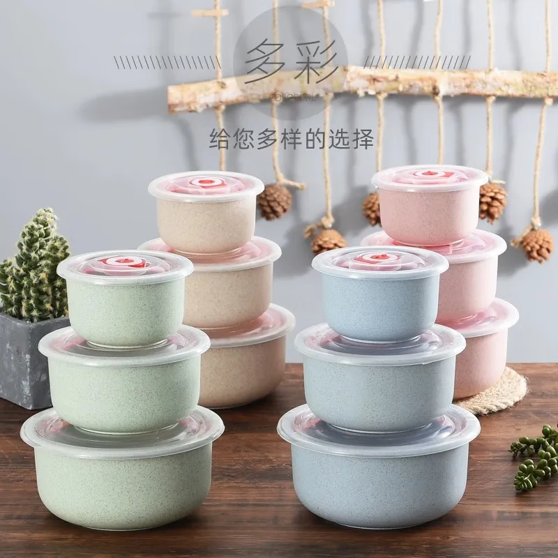 【甄选现发】小麦秸秆保鲜碗三件套冰箱冷藏便当盒带盖保鲜盒 小麦秸秆保鲜碗三件套-绿色