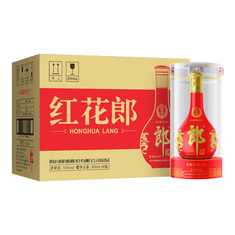 PLUS:郎酒 红花郎 红15 酱香型白酒 53度 500ml*6瓶 整箱装（年份随机）