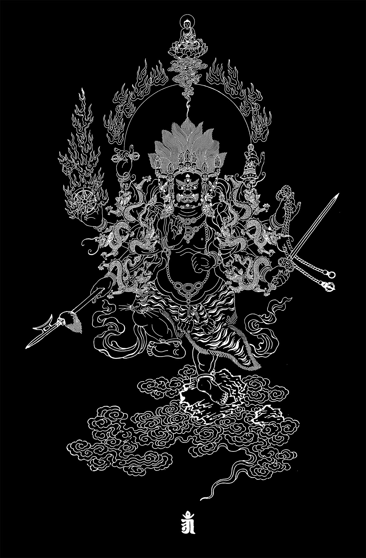 秽迹金刚描金唐卡 白描线画稿 涂色 佛像白描 diy手绘唐卡 黑底 40*60