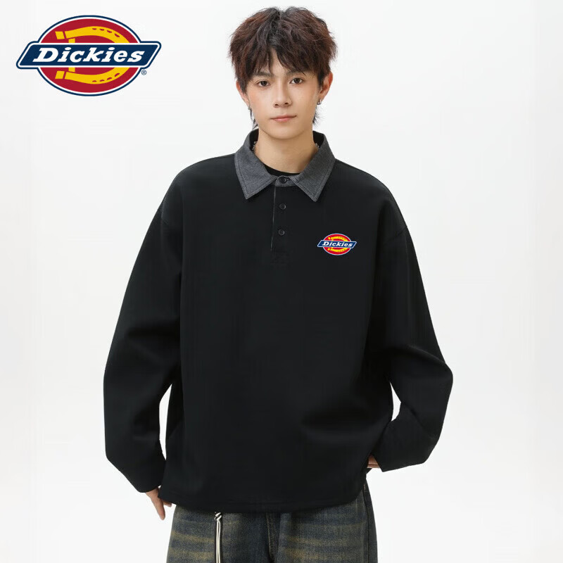 Dickies假两件翻领长袖POLO衫卫衣男士2026秋季新款休闲宽松上慵懒风服装 曜石黑 【官方正品】 常规 3XL 【建议170-190斤】