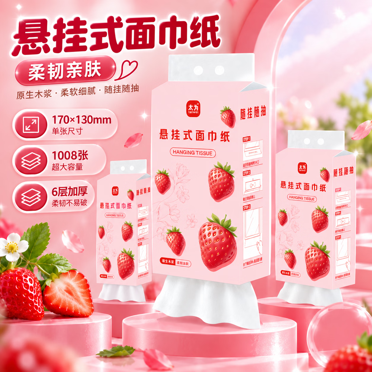 整箱12大提悬挂式抽纸6层加厚大包家用卫生纸擦手纸面巾纸抽纸巾 【可爱系列/粉色草莓】12提
