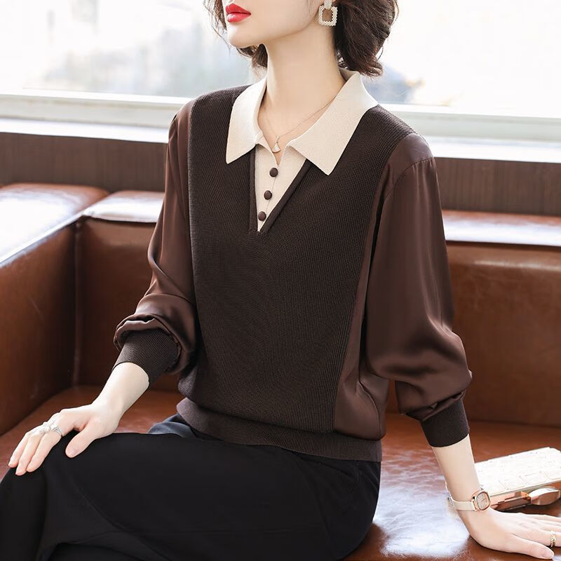 雷黛茜中年妈妈春装新款洋气打底小衫40岁减龄中老年人女士春秋针织上衣 咖色 M (建议80-100斤左右)