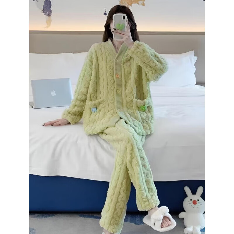 宝娜斯(BONAS)冬季加厚珊瑚绒毛毛睡衣女可外穿开衫两件套装纯棉居家服 粉色小花 均码 80-140