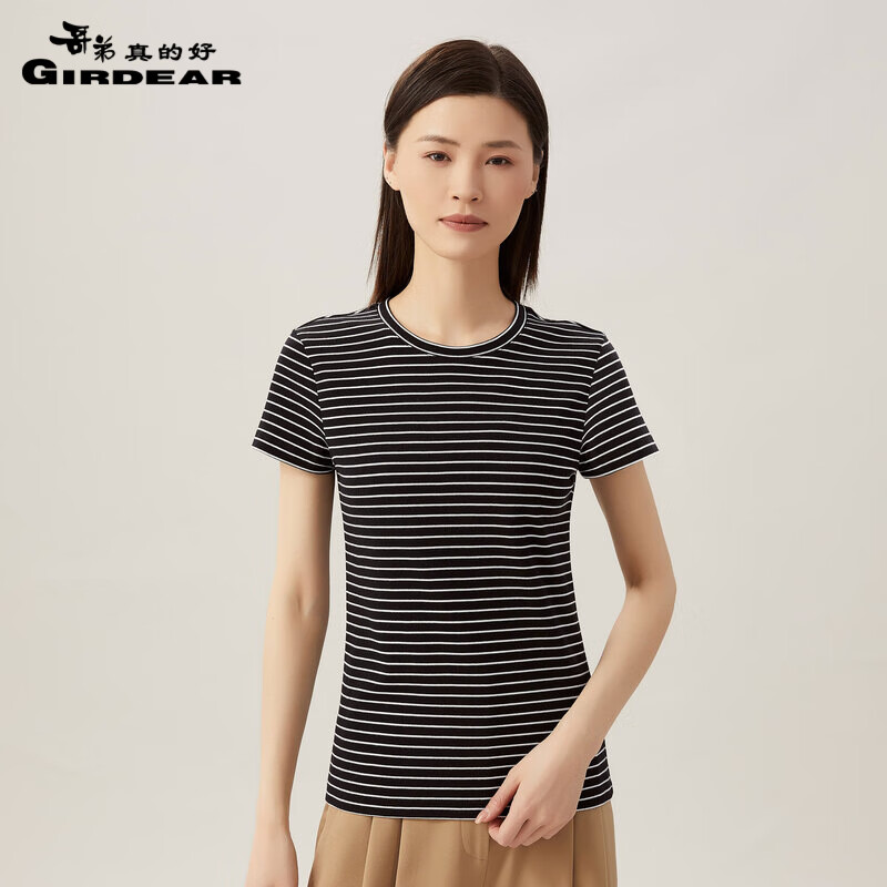 哥弟真的好(girdear)修身百搭条纹莫代尔棉圆领短袖t恤女a301158 黑