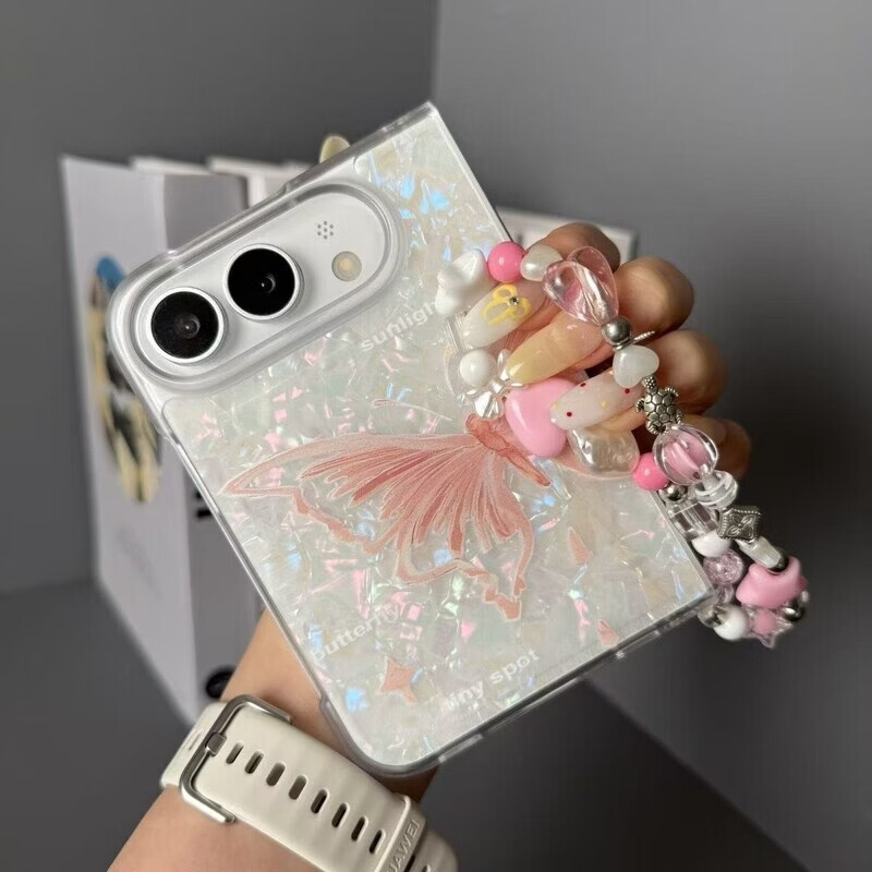 适用小米18Fold手机壳贝壳纹粉蝴蝶手链iPhone18Ultra高感男女时尚全包防摔折叠女款保护套 【贝壳纹粉蝴蝶手链】+手提链 苹果18Fold/Ultra
