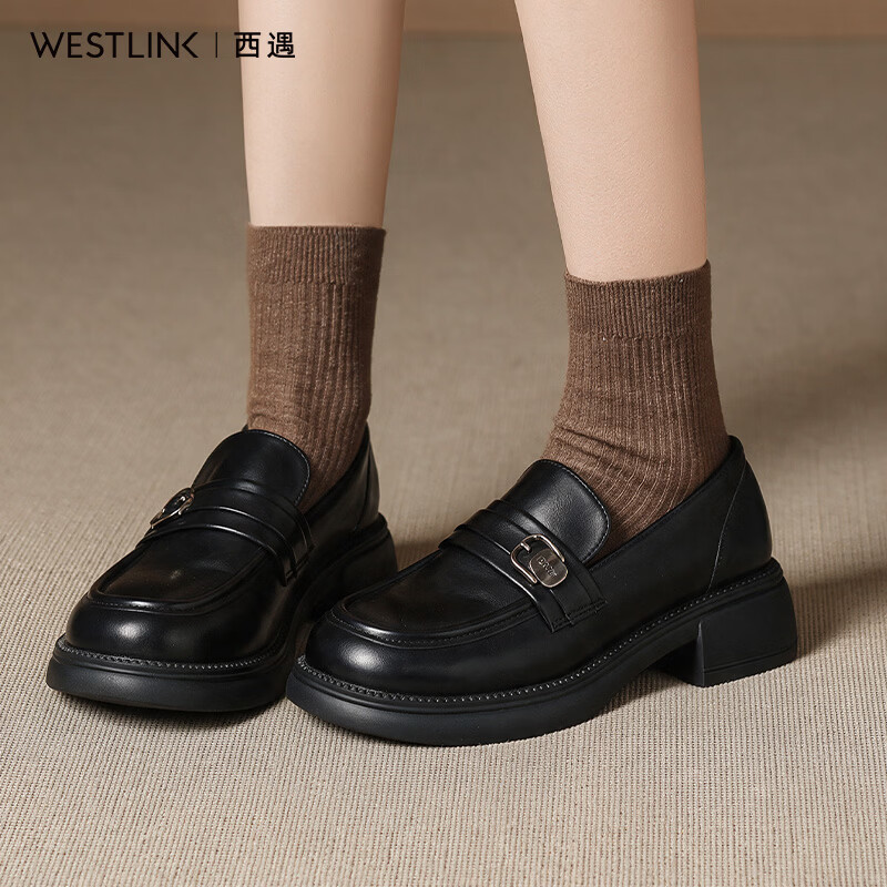 西遇（Westlink）乐福鞋女2026新款秋季金属搭扣复古粗跟一脚蹬jk玛丽珍乐福鞋 黑色 付款20天 35 (225)