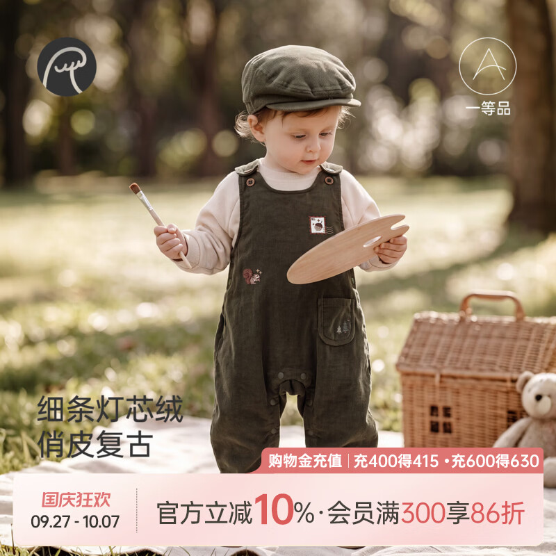 乖奇熊【灯芯绒】婴幼儿童加绒保暖背带裤冬季宝宝加厚休闲长裤子 浅军绿 80