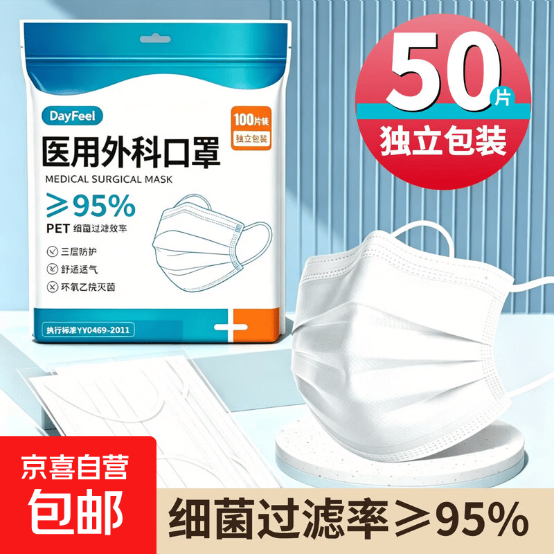 白色口罩医用外科一次性三层医疗单独包装独立成人正品官方旗舰店 成人白[医用外科]50只独立装
