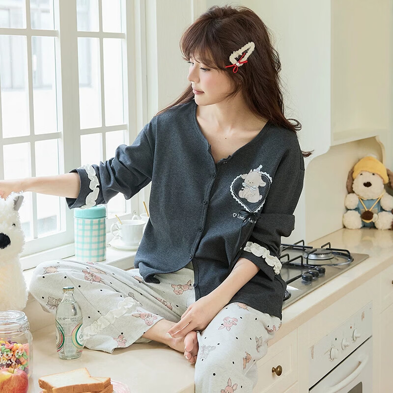 猫人睡衣女款春秋季棉质长袖长裤甜美卡通格子可外穿家居服套装 浅灰星星 M 【推荐约155-160CM/80-100斤】