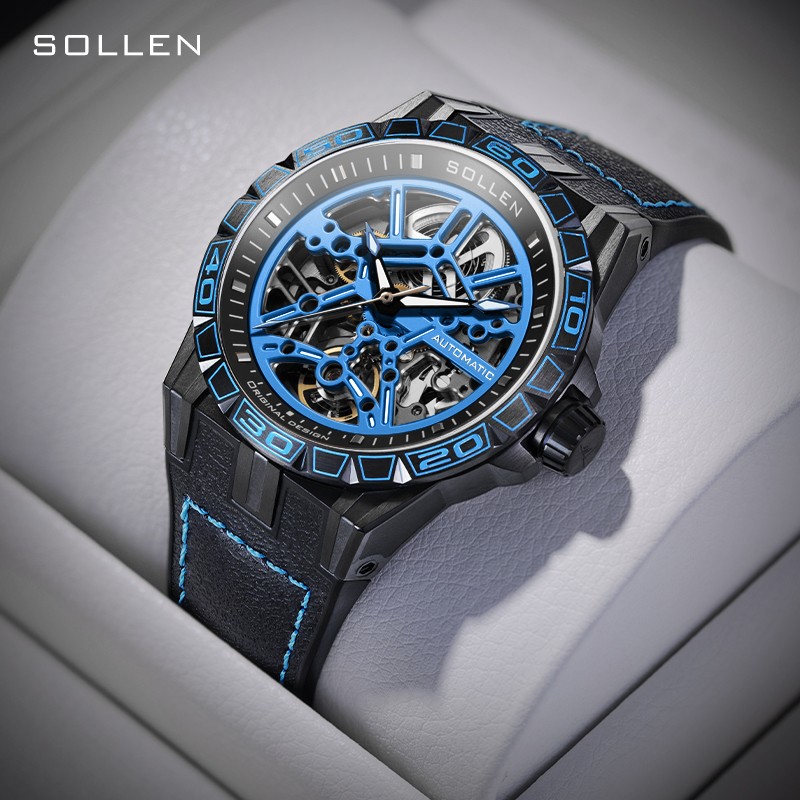 梭伦（SOLLEN）新款迷宫表盘手表男镂空全自动机械表男士手表防水夜光腕表送男友 蓝色黑盘【国潮双开礼盒】326 京东折扣/优惠券