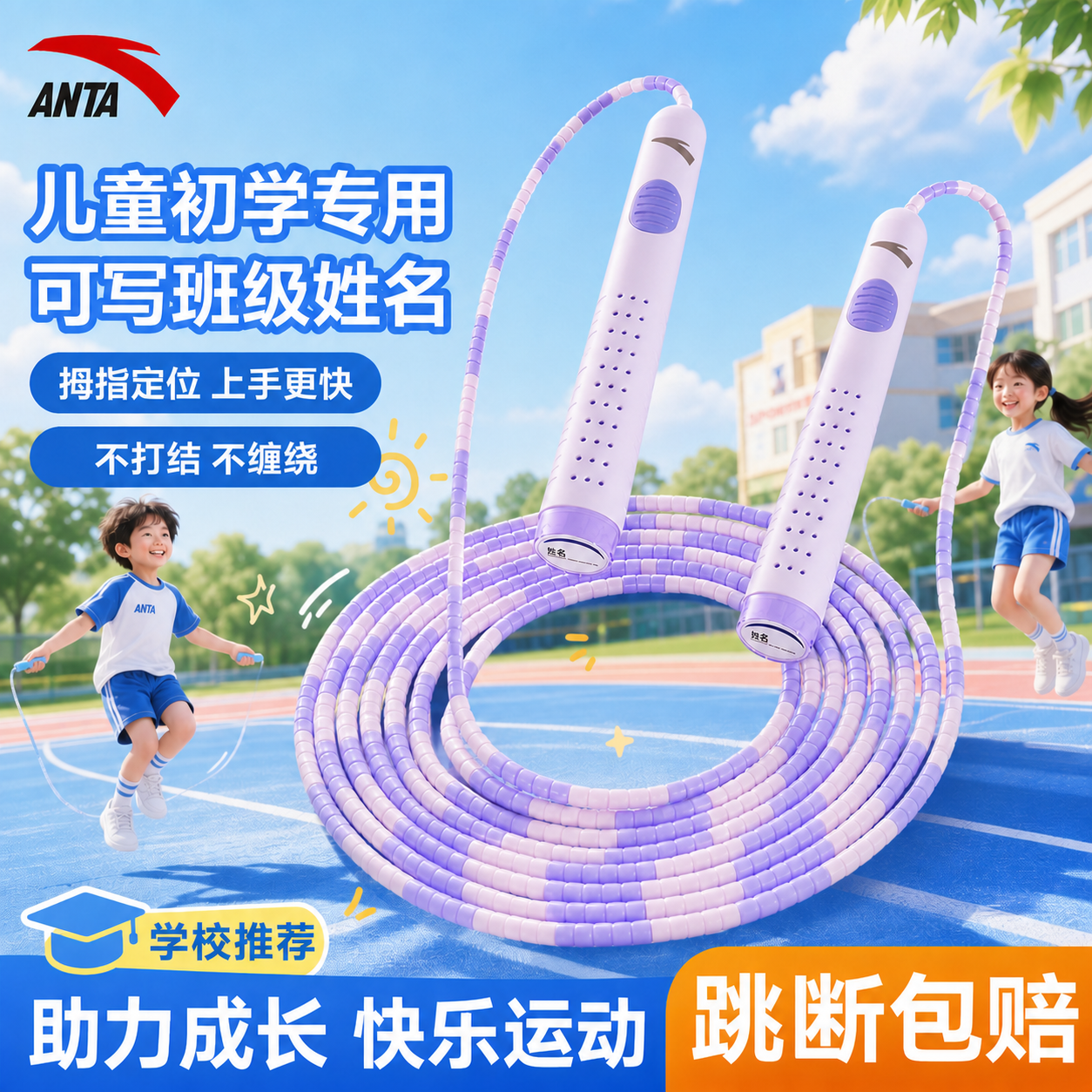 安踏(ANTA)竹节跳绳儿童幼儿园小学生专用考试3-6-12岁运动不打结初学绳子 罗兰紫【不打结/不缠绕/甩到不痛】