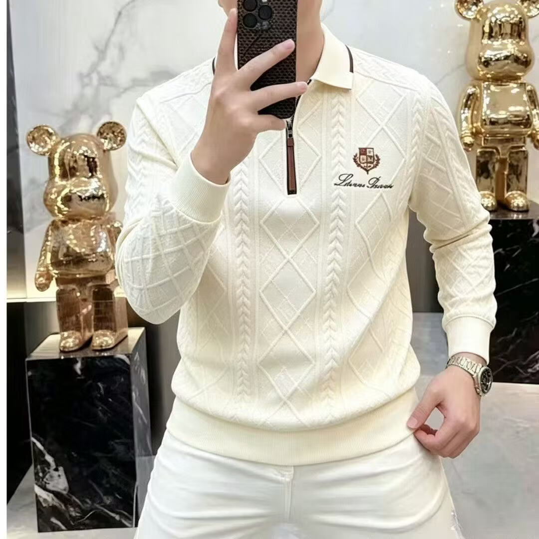 秋季男士半拉链翻领卫衣欧货菱格提花针织Polo衫轻奢刺绣长袖上衣 杏色半拉链卫衣 XL 建议120-140斤