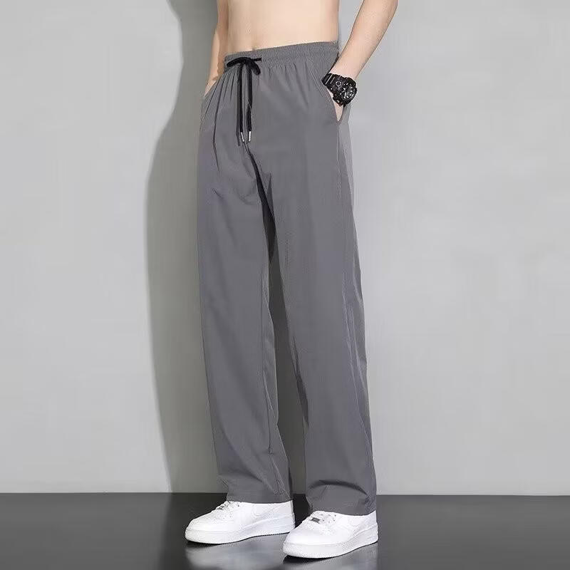 绿蜜蜂冰丝裤男薄款直筒垂坠感西裤松紧腰速干运动宽松休闲长裤子 皮绳 5XL 【175-200斤】