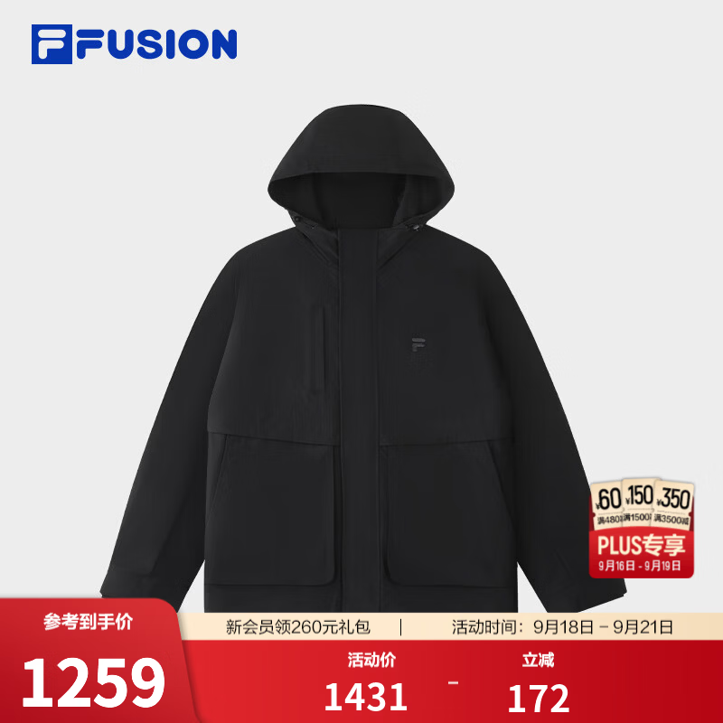 FILA FUSION斐乐潮牌梭织外套男2026冬新款休闲宽松连帽工装上衣 正黑色-BK L 175/96A/L