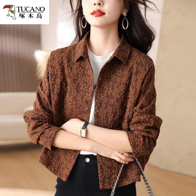 啄木鸟（TUCANO）短外套女2026春秋韩版新款中年妈妈小个子休闲棒球服夹克开衫上衣 咖啡色 M 90-105斤