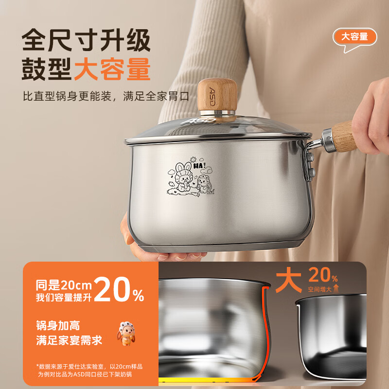 爱仕达（ASD）奶锅316L不锈钢宝宝辅食锅泡面热牛奶小奶锅汤锅电磁炉燃气通用 奶锅316L不锈钢 18cm