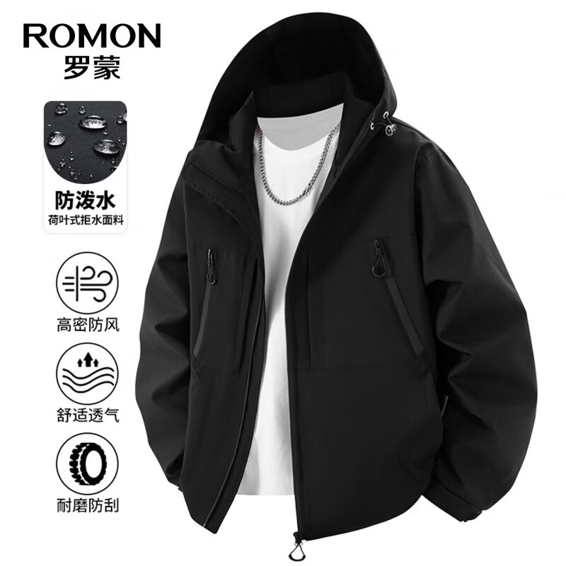 罗蒙(ROMON)防泼水户外休闲连帽夹克男士2026秋季新款中青年时尚百搭外套男 曜石黑 【拉链款】 L (175) (适合125-145斤)