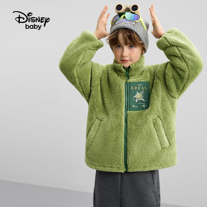 迪士尼(Disney)童装男女童撞色立领舒棉绒外套2026春秋冬儿童时尚保暖加厚上衣潮 深芥末绿 120 高115-125cm重40-50斤