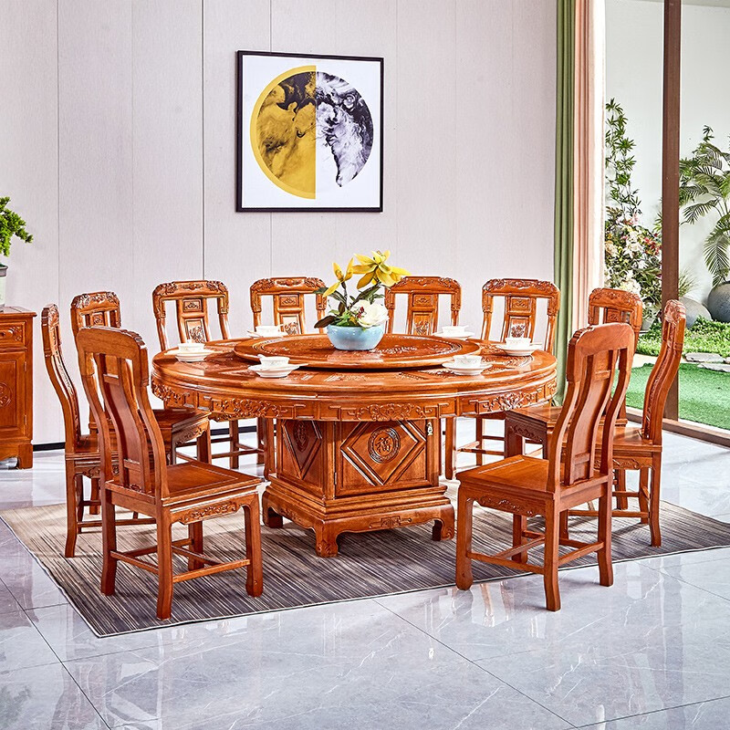 传古匠实木餐桌椅组合金花梨木圆桌明清古典中式雕花全实木餐厅圆台
