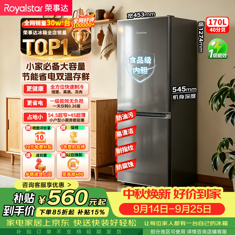 荣事达（Royalstar）170升小冰箱小型家用出租房办公室宿舍双开门两门电冰箱节能省电低音钛深灰R170