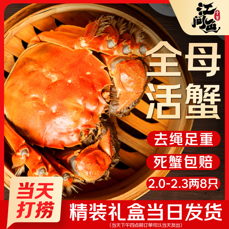 【活蟹】江问鱼 大闸蟹全母2.0两-2.3两 8只装 鲜活螃蟹生鲜中秋礼盒过节送礼 98元 【活蟹】江问鱼 大闸蟹全母2.0两-2.3两 8只装 鲜活螃蟹生鲜中秋礼盒过节送礼 98元