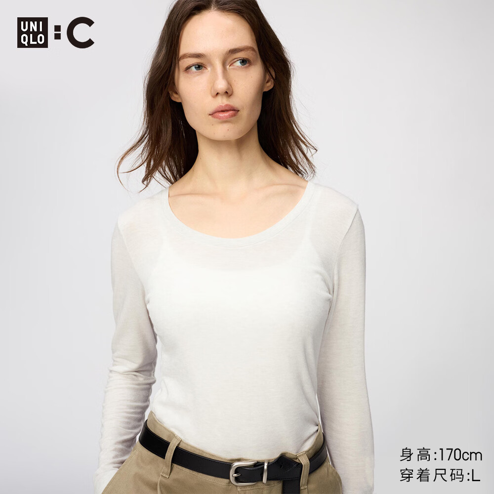 优衣库HEATTECH混纺U领T恤/长袖女装合作款/保暖内衣9%羊绒485828 30 浅米色 M