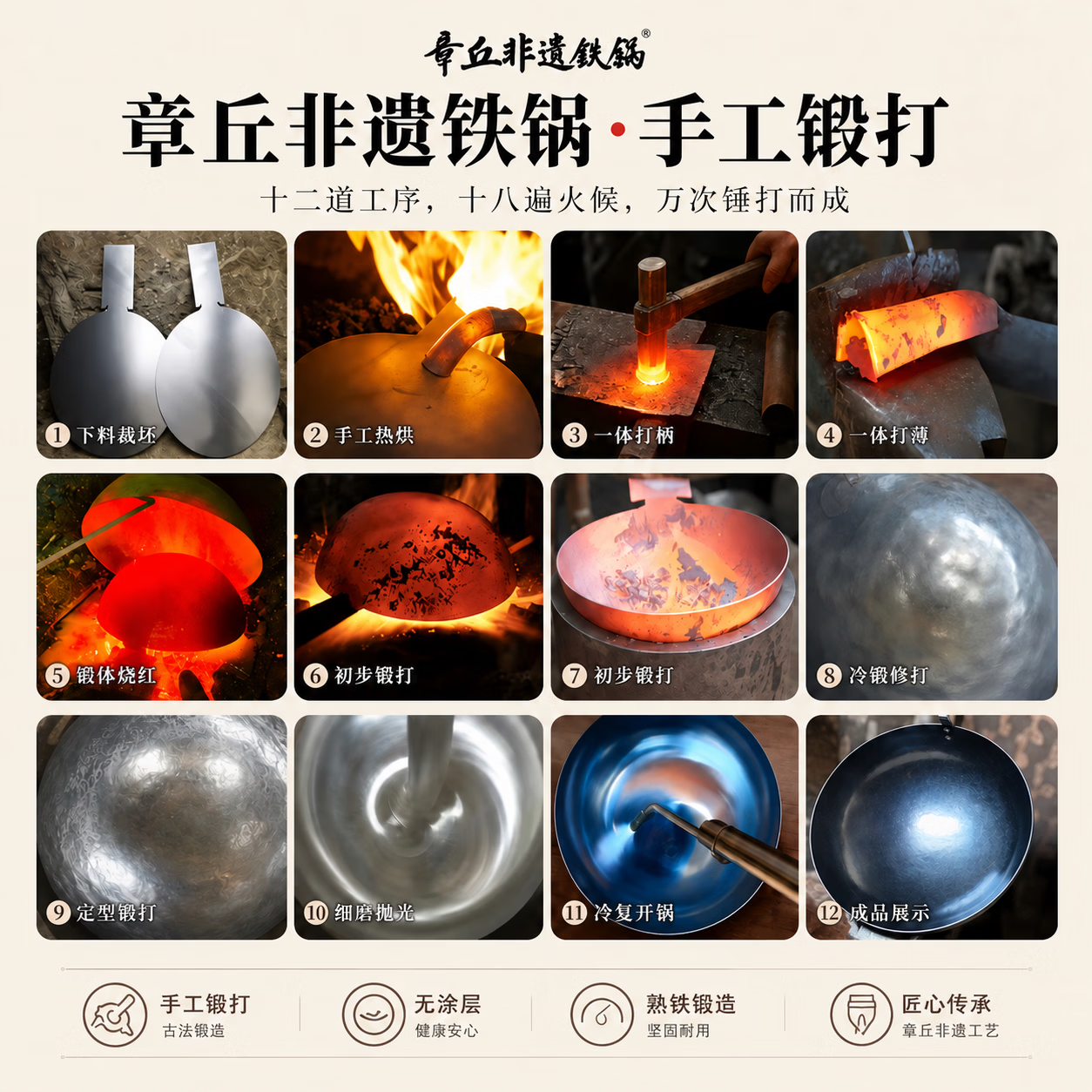 章丘手工锻打老式炒锅家用无涂层炒菜不粘锅圆底小炒锅镜面铁锅 34cm章丘炒锅【电磁炉平底款】+锅盖(加耳请备注)