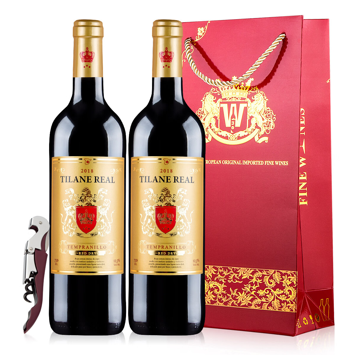 皇家蒂朗（Tilane Real）中秋贺礼原瓶进口红酒入口柔顺酒庄直供西班牙干红葡萄酒750ml*2 配送礼礼袋750ml*2